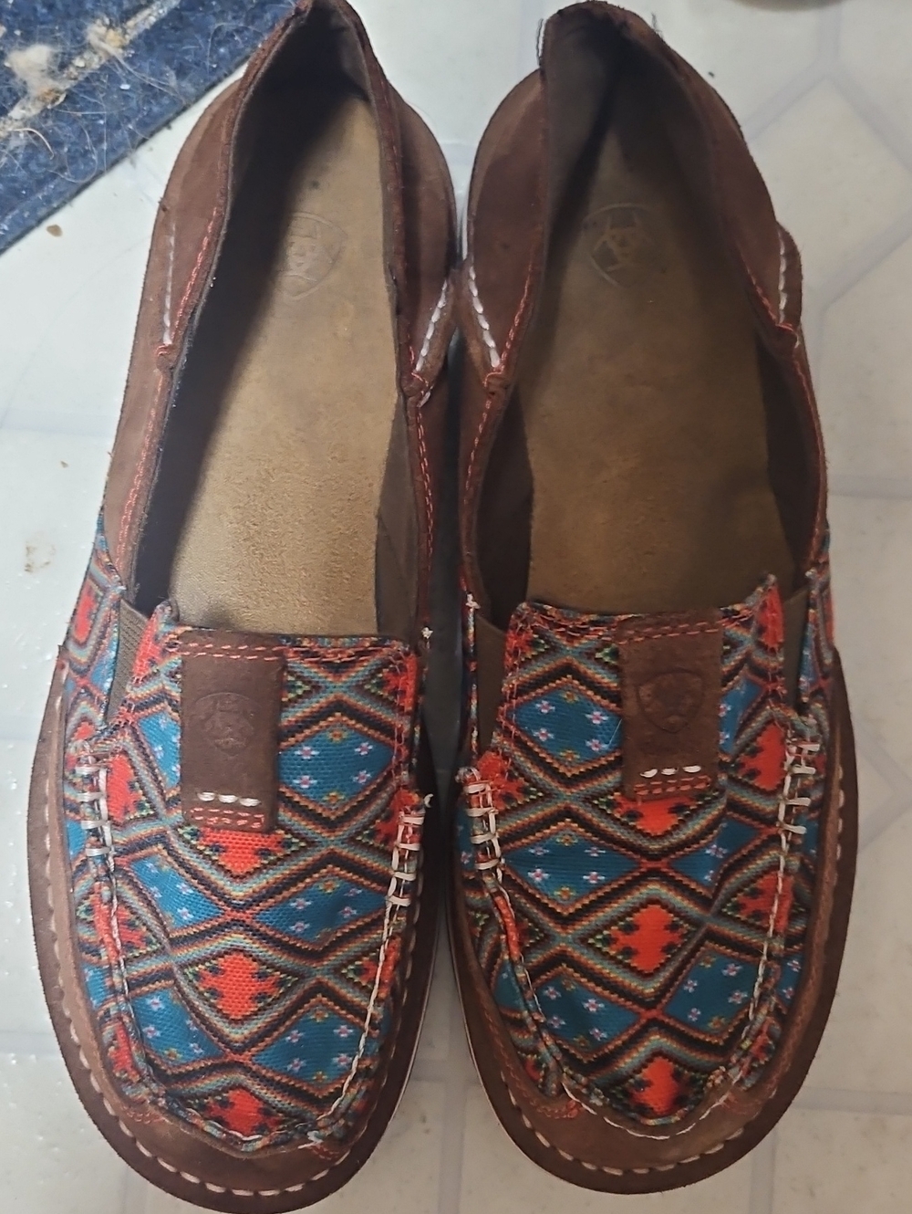 Ariat Brown Loafers with Blue and Red Geometric Panels